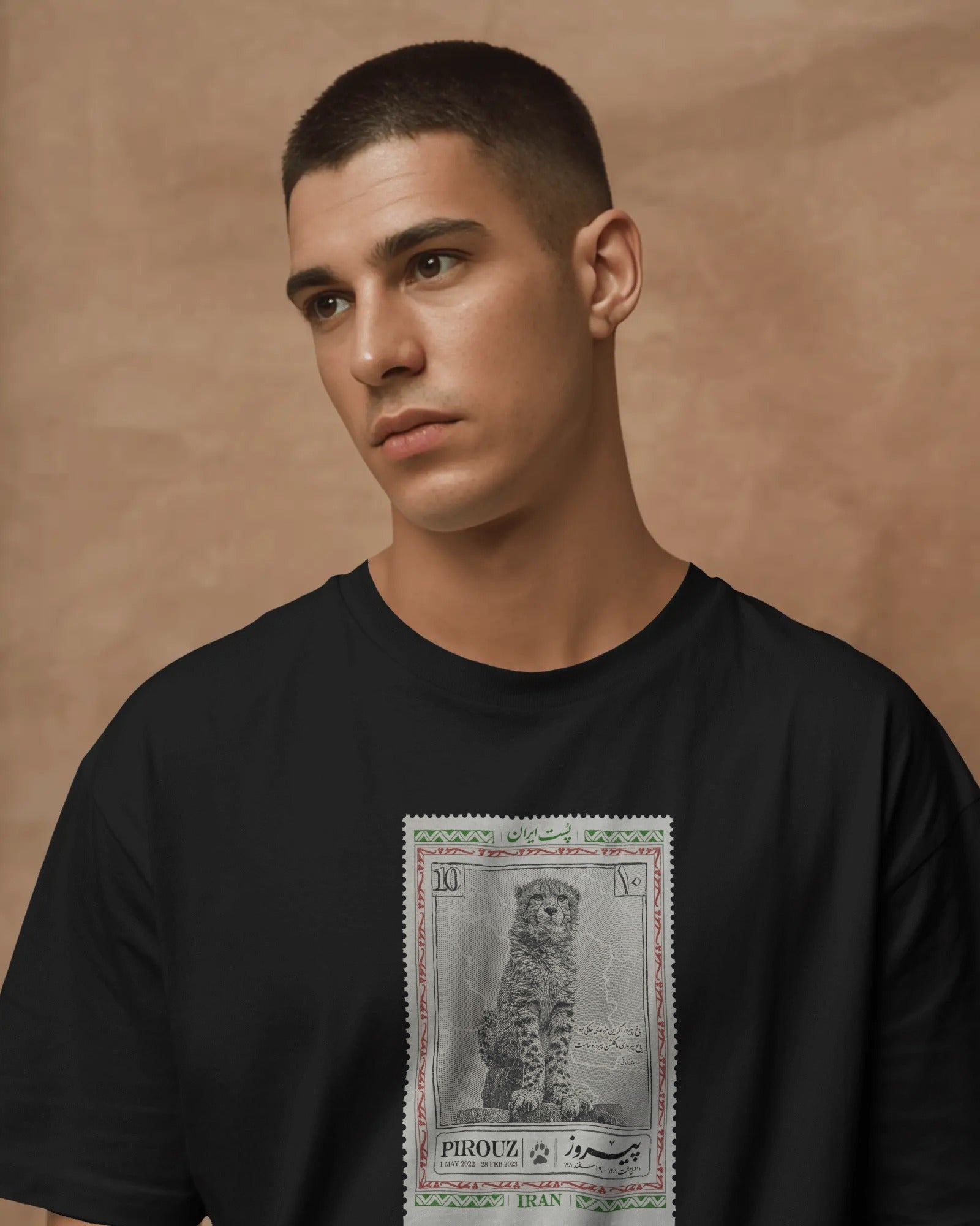 Pirooz Cheetah Stamp T-Shirt | Iranian Wildlife Tribute T-Shirt | Persian Stamp Design